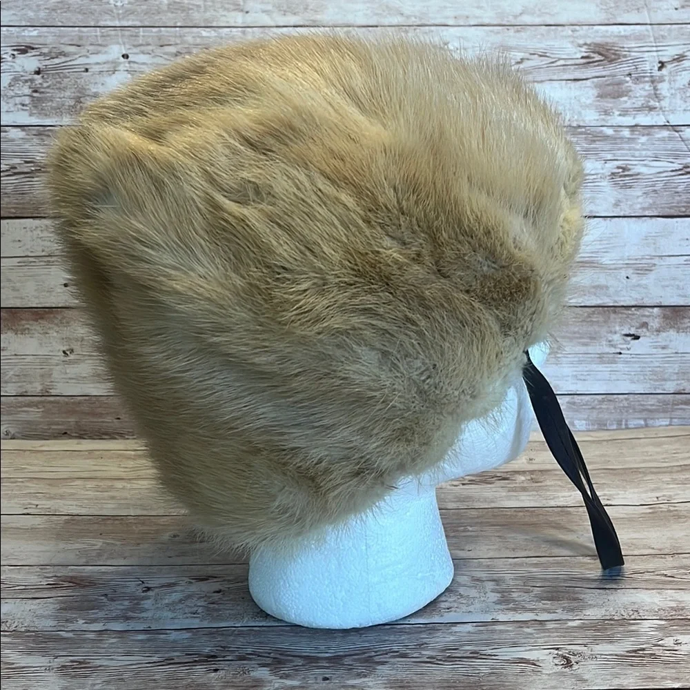 Vintage Blonde Mink Fur Hat with Brown Chin Strap